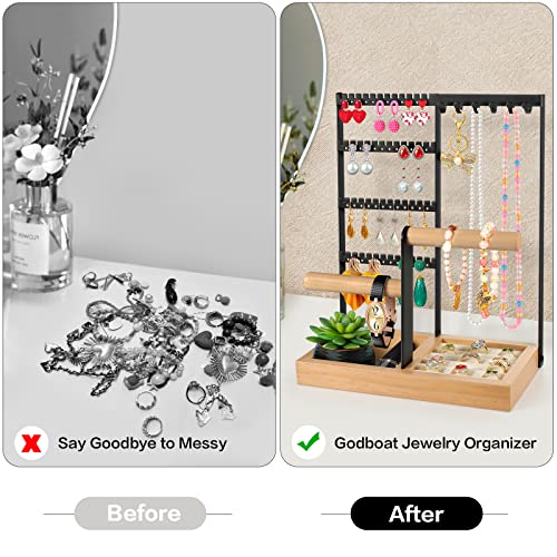 Godboat Jewelry Holder Organizer, 4-Tier Earring Holder with 48 Holes, 6 Hooks Necklace Holder, Removable Bracelet Holder, Gifts for Women, Mom, Mother's Day, Cool Preppy Stuff and Room Decor, Black