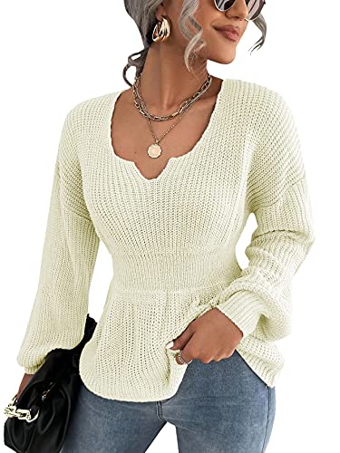 Veatzaer Womens Long Sleeve Knit Sweater V Neck Drop Shoulder Babydoll Sweater Solid Sweater Pullover Grey