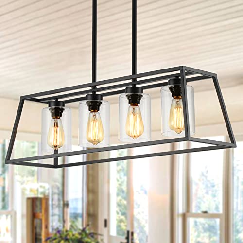 Black Farmhouse Chandeliers for Dining Room, Rustic Kitchen Island Light Fixture, 4-Light Linear Pendant Lights Kitchen Island with Glass Shade ，Apply to Dining Room Light fixtures Over Table