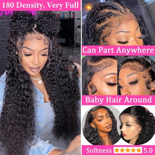 BLACROSS 13x6 Deep Wave Lace Front Wigs Human Hair 180 Density Deep Part Curly Lace Front Wigs Human Hair Pre Plucked Glueless Transparent Lace Frontal Wig Pre Plucked with Baby Hair(20 Inch)