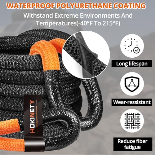 HOKINETY Kinetic Recovery Tow Rope: 1.26" x 30ft 55000LBS Snatch Strap with Soft Shackles Heavy Duty Offroad Towing Straps Kit for Trucks SUV UTV ATV Tractor Car Jeep - Black