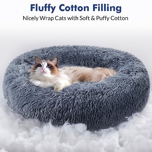 rabbitgoo Cat Beds for Indoor Cats, 20 inches Cat Bed Machine Washable, Fluffy Round Pet Bed Non-Slip, Calming Soft Plush Donut Cuddler Cushion Self Warming for Small Dogs Kittens, Dark Grey, Medium