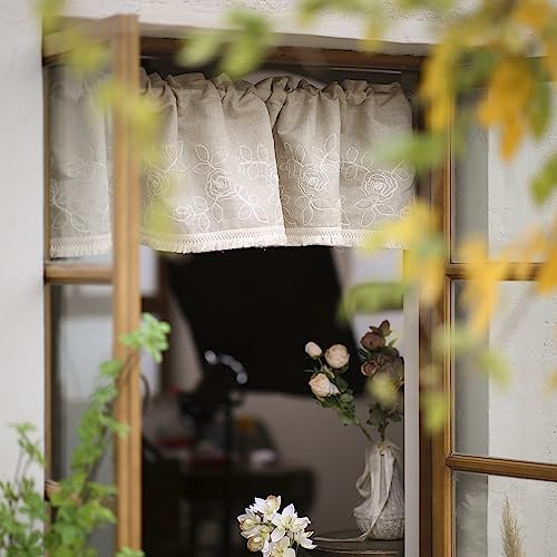 SUTAVIA Kitchen Window Valances Linen Fabric with Cotton Embroidery Floral Pattern Lace Rod Pocket Window Curtain Topper Roral Rustic Home Decor for Living Room