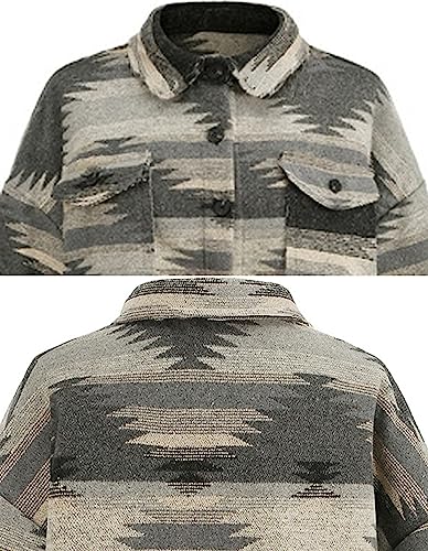 COWOKA Women's Vintage Aztec Print Pattern Loose Shacket Button Down Long Sleeve Woolen Jacket Shirts Coat Black S