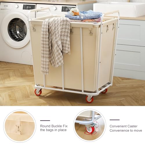 Hoctieon Large Rolling Laundry Hamper with Wheels, Laundry Sorter Cart for Clothes Storage, Durable Laundry Basket with Lockable Wheels, Heavy Duty Clothes Hamper for Laundry & Bedroom, Beige