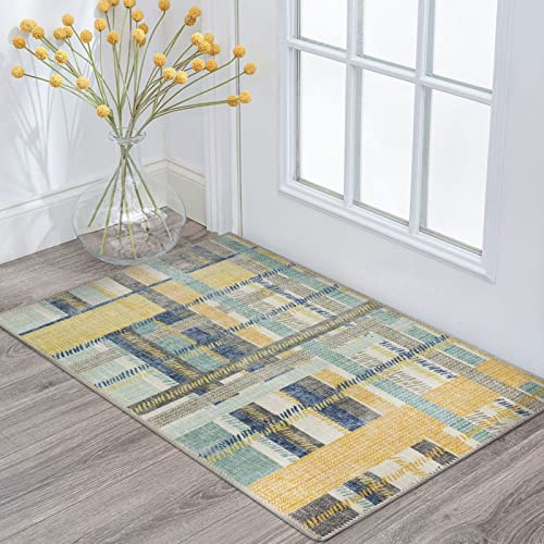 DECOMALL NELE Washable Door Mat 2x3, Modern Plaid Non-Slip Small Rugs for Entrance, Yellow 24x36 inch