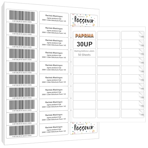 PAPRMA Shipping Address Labels 1x2-5/8 inch, Printable Mailing Labels 30 Per Page - Sticker Label Paper for Laser & Ink Jet Printer - Matte White 50 Sheets 1500 Labels - FBA Barcode Labels