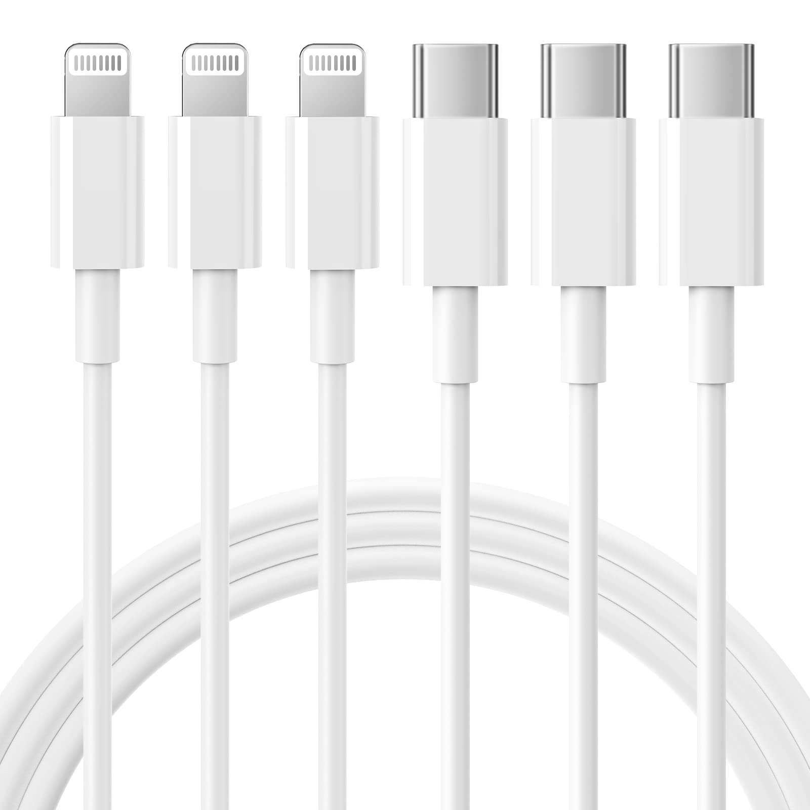 RCTech USB C to Lightning Cable 3Pack 6FT [MFi Certified] iPhone Fast Charger Cable USB-C Power Delivery Charging Cord for iPhone 14/13/12/11/XS/XR/X/8/iPad, White