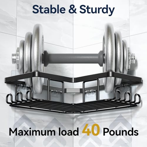 YASONIC Corner Adhesive Shower Caddy, with Soap Holder and 12 Hooks, Rustproof Stainless Steel Bathroom Organizer, No Drilling Wall Mounted Rack, Black, 3-Pack