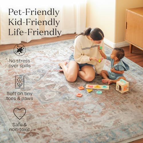 RUGGABLE Verena Washable Rug - Vintage Washable Area Rug for Living Room, Kitchen, Bedroom, Kids Room - Stain & Water Resistant, Non-Slip, Pet & Child Friendly - Amber Red 5'x7' (Standard Pad)