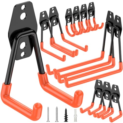 TICONN 12 Pack Heavy Duty Garage Hooks, Steel Utility Wall Storage Hooks, Wall Mount Hanger Organizer for Ladders, Bikes, Tools, Bulky Items (Black)