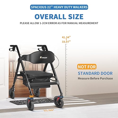 FlyingJoy Heavy Duty Rollator Walker for 450 lbs Large People, 4-Wheels Folding Rolling Walker with Extra Spacious Seat, NOT for Standard Door 26" Wide, a bit Bulky for Lightweight Elderly (Black)