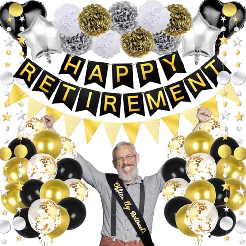 GAGAKU Happy Retirement Banner Assembled,Black and Gold Retirement Party Decorations,Retirement Decoration Set Retired Sash Foil Balloon Retirement Party Supplies for Office Farewell Party