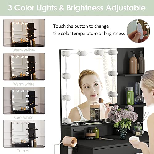 Vabches Makeup Vanity Table with Lighted Mirror & Power Strip, Vanity Set with Drawer Lots Storage, 3 Lighting Modes, Brightness Adjustable, 31.45 * 15.75 * 57.7in, Black