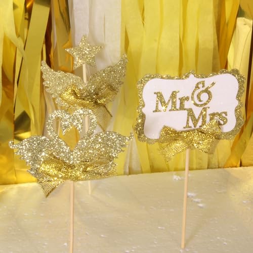 Blopee Wedding Cupcake Topper, Oblong Gold Mr and Mrs Cake Topper, Funny Wedding Cake Toppers Bride and Groom, 12 PCS Elegant Wedding Toppers for Cake Decorations