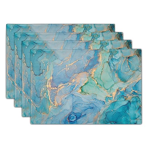 Blue Teal Turquoise Gold Placemats Set of 4,Blue Marble Dining Mat, Rectangle Linen 12 x 18in Non Slip Place Mat for Kitchen Dining Party Decoration