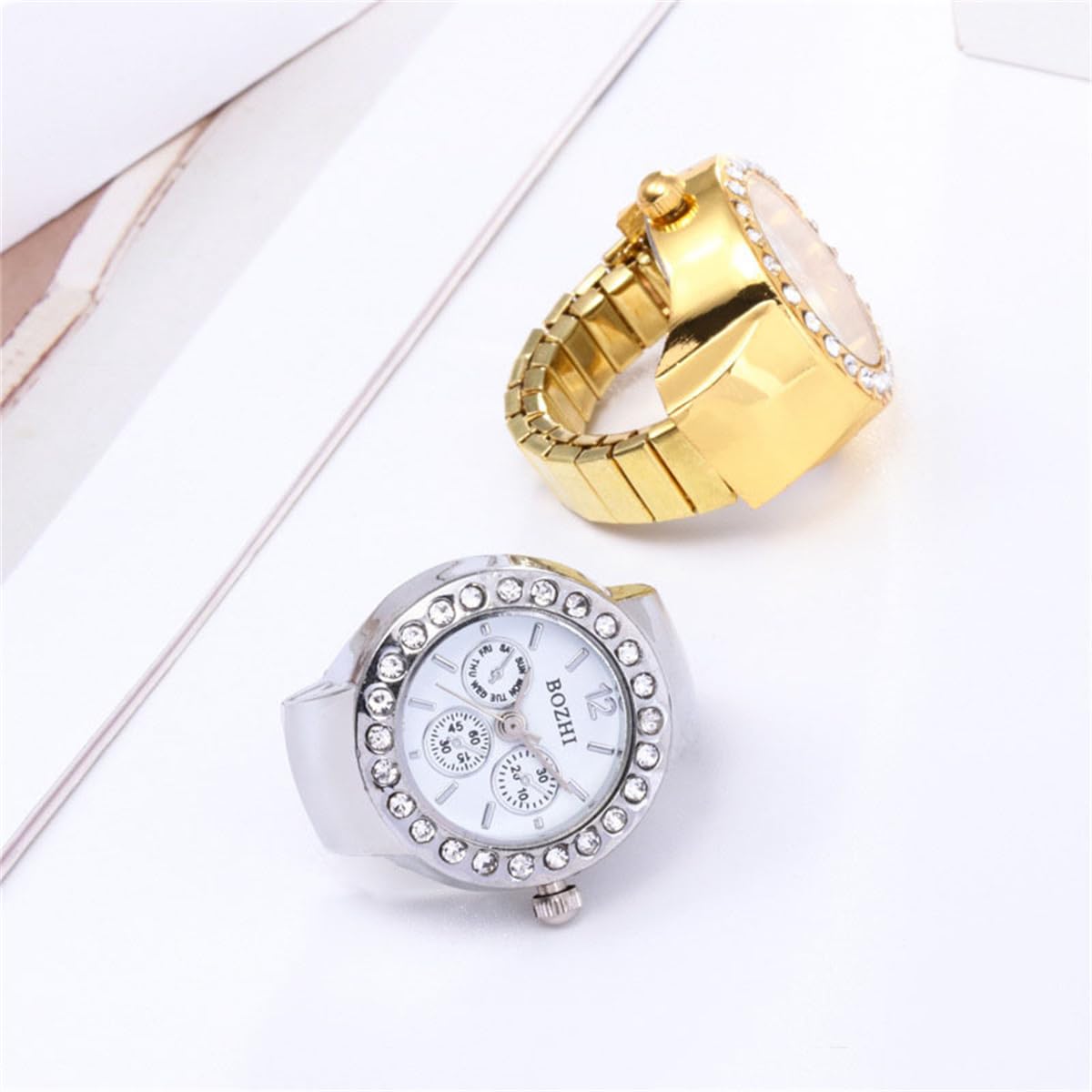 CdyBox Women Elegant Finger Watch with Diamonds Round Quartz Analog Ring Watch for Men 3 Pack