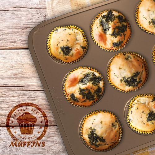 NutriChef 2-Piece Nonstick Muffin Pan Set - Carbon Steel Cupcake Baking Pans with 12 Cups - 15 inch x 11 inch Baking Tray Set - Gold