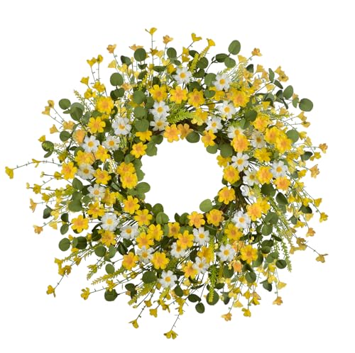 LSKYTOP 24Inches Artificial Daisy Flower Wreath with Eucalyptus Green Leave Spring Summer Wreath for Front Door Wall Decor