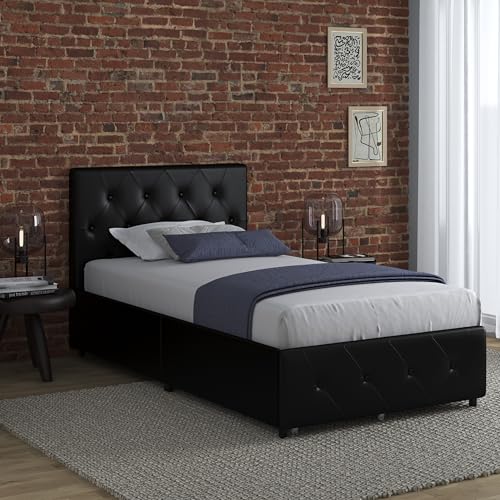 DHP Dakota Upholstered Platform Bed with Underbed Storage Drawers and Diamond Button Tufted Headboard and Footboard, No Box Spring Needed, Twin, Black Faux Leather