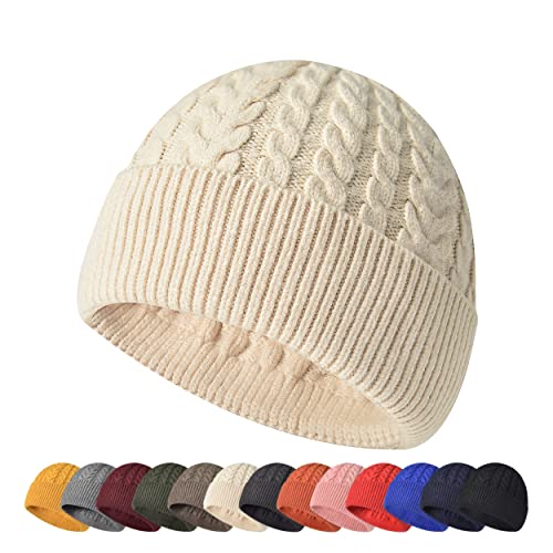 HiRui Knit Beanie Hats for Men Women Winter Hats Skull Caps Warm Classic Slouchy (Beige White)