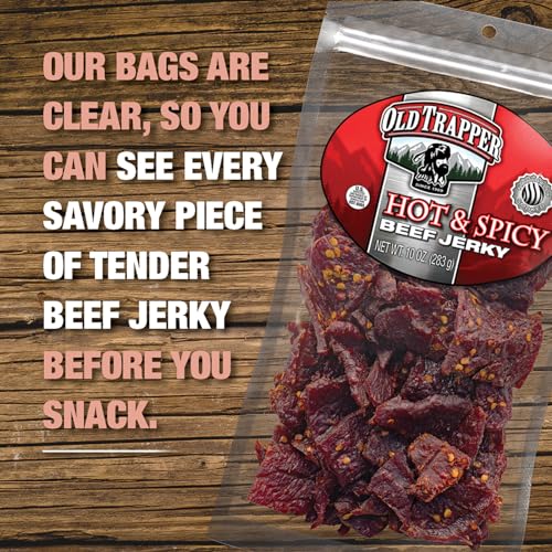 Old Trapper Beef Jerky, Hot & Spicy 10-Ounce Individual Pack, Tender and Spicy Meat Snacks for Lunches or Between Meals, 11 Grams of Protein and 70 Calories per Ounce (Pack of One)