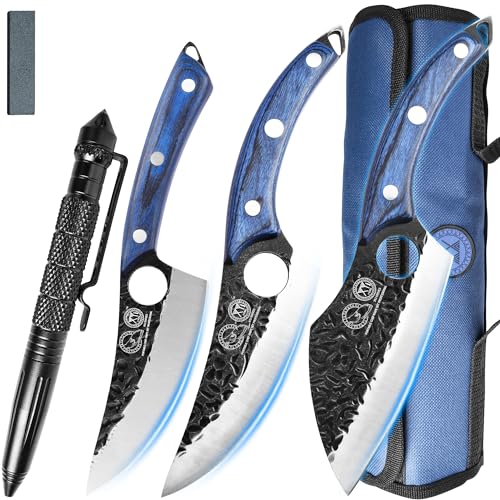 XYJ Professional Kitchen Knife Set with High-Carbon Steel Forged Blades, Chef's Knife, Cleaver, Carving Knife, Nakiri, Full Tang Design, Includes Carrying Bag & Poultry Scissors (5)