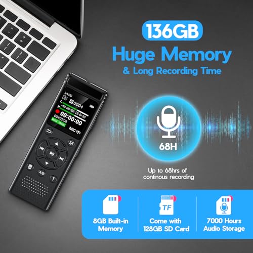 136GB Digital Voice Recorder One Click, Voice Recorder with Playback HD Recording Easy Control, Large Screen 7000 Hours Sound Audio Recorder Recording Tape for Lectures Meeting MP3 Player