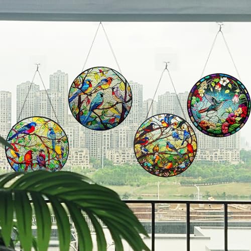 Huyfoig Cheerful Hummingbird Stained Glass Window Hanging, Birds on Branch Garden Suncatchers for Yard, Kitchen, Living Room, Hummingbird Gifts for Mom Grandma Teacher (Five Birds, 5.9"/15cm)