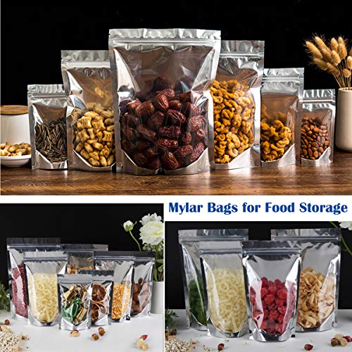 150-Pack 14" x 10" Large Reclosable Mylar Bags for Food Storage Stand Up 1 Gallon Bags Resealable Smell Proof Aluminum Silver Foil Pouches with Clear Window Kitchen Storage Edible Packaging