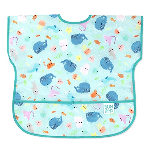 Bumkins Short Sleeve Bib for Girl or Boy, Toddler and Kids for 1-3 Years, Large Size, Essential Must Have for Junior Children, Eating, Mess Saving Soft Fabric Apron for Play, Ocean Life Blue