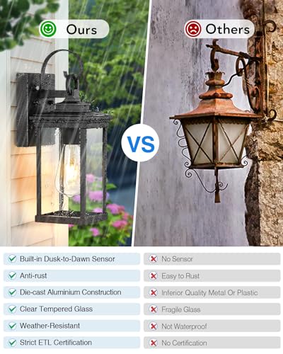 VIANIS Dusk to Dawn Outdoor Wall Lantern, Black Exterior Light Fixtures, Porch Light Wall Mount Lamps Outside Wall Lights for House, Garage Lights Outdoor Wall Sconce Lanterns with Water Ripple Glass