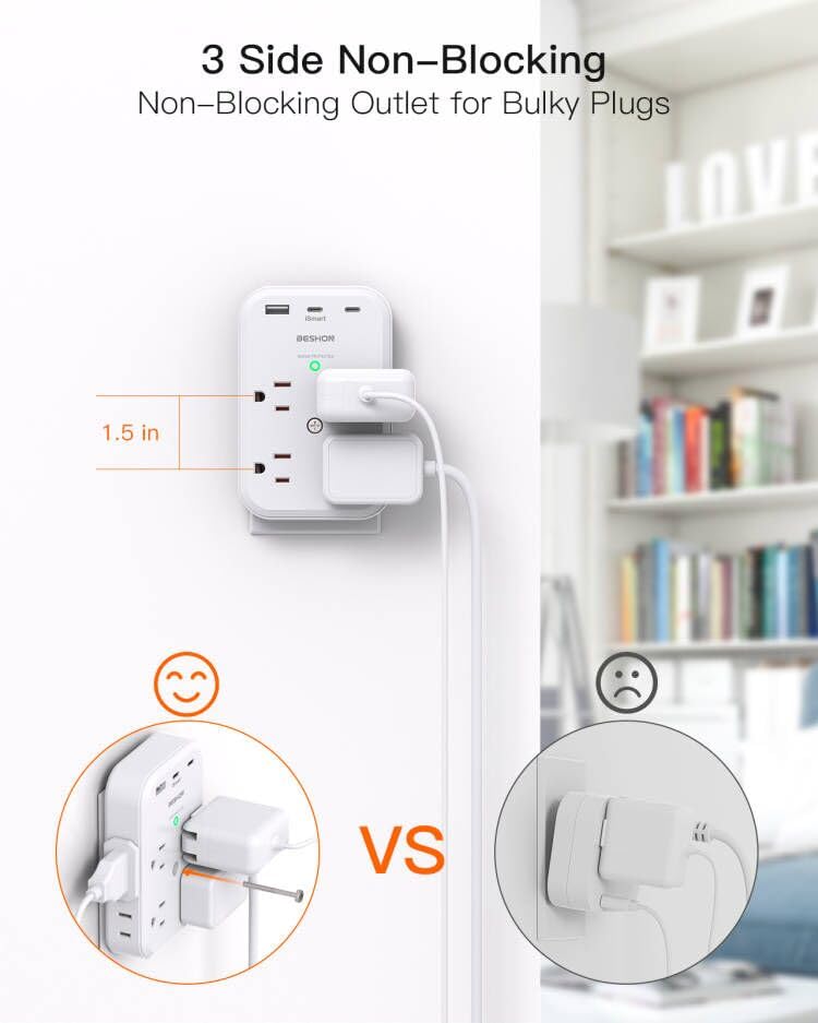 BESHON Surge Protector, USB C Multi Plug Outlet Extender with 8 Outlets 3 USB(2 USB C), USB Wall Charger, 3-Sided, 900J Outlets Splitter Wall Plug Adapter Spaced for Home Travel Dorm Room Essentials…