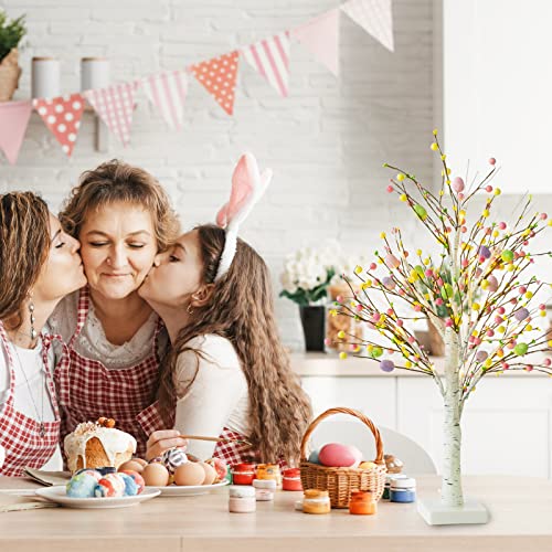 Ethlomoer Easter Decorations, 2 Pcs 25 Inch Pre-Lit Easter Egg Tree with Timer, Battery Powered Easter Birch Tree with 24 LED Lights, Easter Trees for Home Party Wedding Holiday Spring Decoration