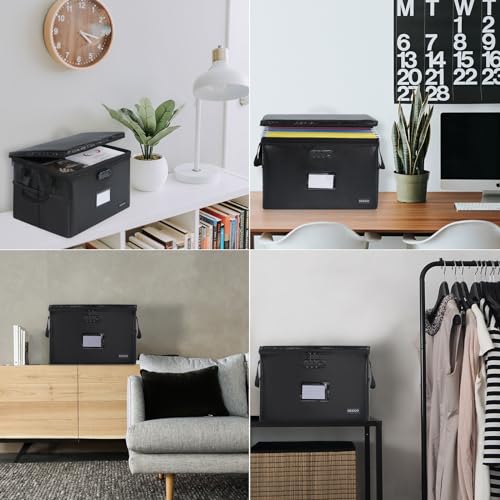 DEEGO Fireproof Document Box, Water-Resistant File Organizer Box with Lock, Portable File Box with Handle Document Safe Collapsible File Cabinets for Home Office for Hanging Letter/Legal Folder, Black