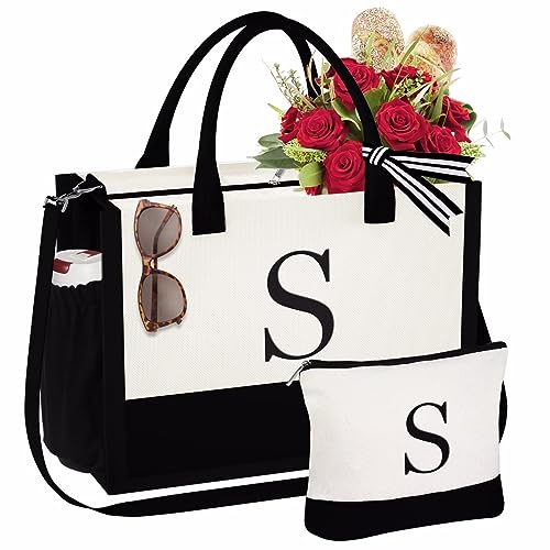 YOOLIFE Birthday Gifts for Women, Mothers Day Gifts Mom Wife Friends Female Teacher Bridal Shower Bridesmaids Proposal Wedding Personalized Gifts Boss Work Initial Tote Bag & Makeup Bag V