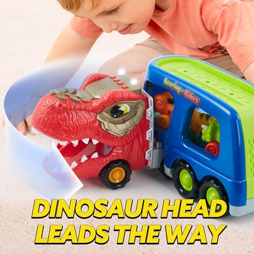 JOYIN Dinosaur Truck Toys for Kids, Kids Toys Boys Age 3 4 5, Dinosaur Car Carrier Truck Toy with 6 Dinosaur Figures Rubber Car Vehicles, Toddler Birthday Gifts with Music & Lights