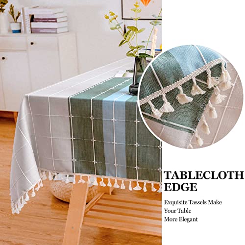 BESBESME Rustic Linen Plaid Table Cloth Boho Style Cream,Kitchen Dining Room Tablecloths for Square Tables, Washable Wrinkle Resistant,Blue/Green 55 x 55 inches
