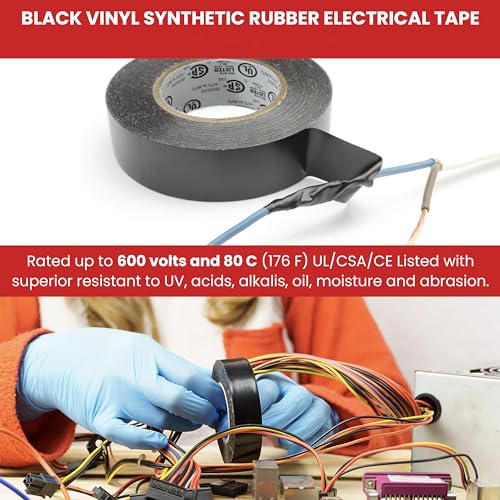 GGR Supplies T.R.U. EL7566-AW Professional Grade Rubber Black PVC Electrical Tape, Rated up to 600 Volts and 176 F - UL/CSA/CE Listed Synthetic: 1/2 in. x 66 Ft. (8 Mil)