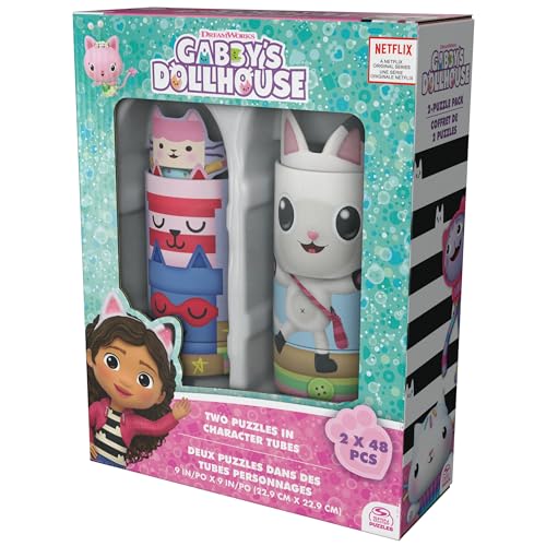 Spin Master Games Gabby’s Dollhouse, 2-Puzzle Pack 48-Piece Jigsaw Puzzles in Character Storage Tubes Gabby’s Dollhouse Toys Kids Puzzles, for Preschoolers Ages 4 and up