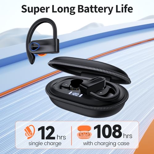 Bluetooth Headphones Wireless Earbuds 108hrs Playtime, Open Ear Headphones Premium Sound & Microphone, Over Ear Sport Ear Buds, Waterproof Earphones with Zipper Power Display Charging Case Black