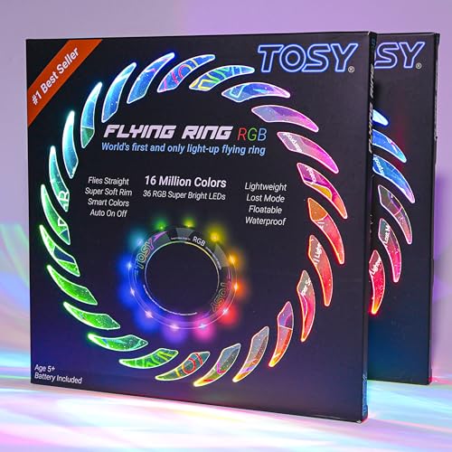 TOSY Flying Ring - 16 Million Color RGB, Super Bright, Lost Mode, Auto Light Up, Safe & Soft, Waterproof, Lightweight Frisbee, Birthday, Camping & Outdoor/Indoor Gift Toy for Boy/Girl/Kid, Set of 2