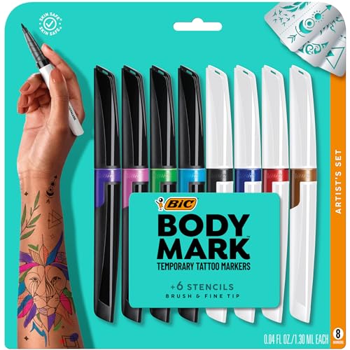 BodyMark Temporary Tattoo Markers for Skin, Color Collection, Flexible Brush Tip, Assorted Colors, Skin-Safe, Cosmetic Quality 8-Count Pack