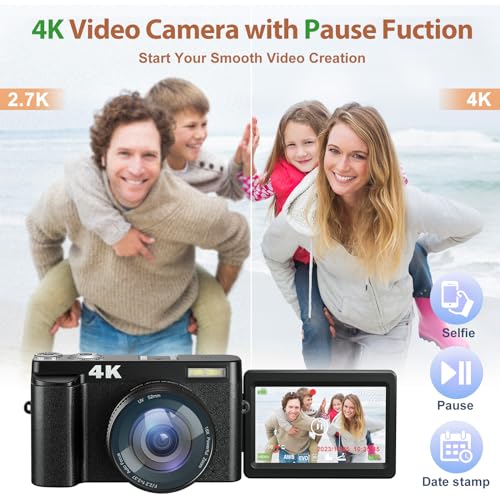 4K Digital Camera for Photography and Video, 48MP Vlogging Camera with SD Card Autofocus Anti-Shake, 3'' 180° Flip Screen Digital Camera with Flash 16X Zoom, Compact Camera for Travel (2 Batteries)