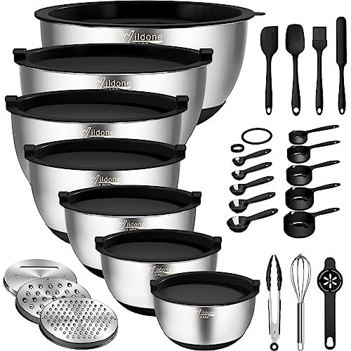 Wildone Mixing Bowls with Airtight Lids, 27 PCS Stainless Steel Nesting Bowls, with 3 Grater Attachments, Scale Mark & Non-Slip Bottom, Size 5, 4, 3, 2, 1.5, 1, 0.63QT, Ideal for Mixing & Prepping