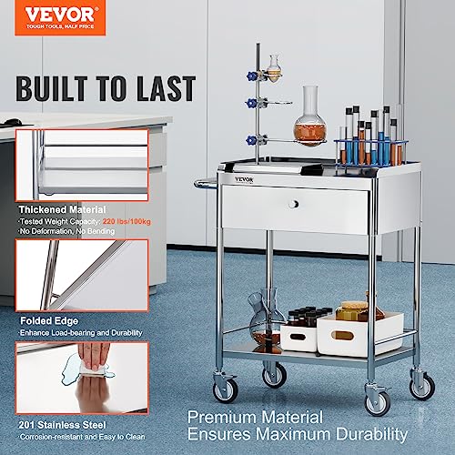 VEVOR Medical Cart, 2 Layers Stainless Steel Cart 220 lbs Weight Capacity, Lab Utility Cart with 360° Silent Wheels and a Drawer for Lab, Clinic, Kitchen, Salon, Silver