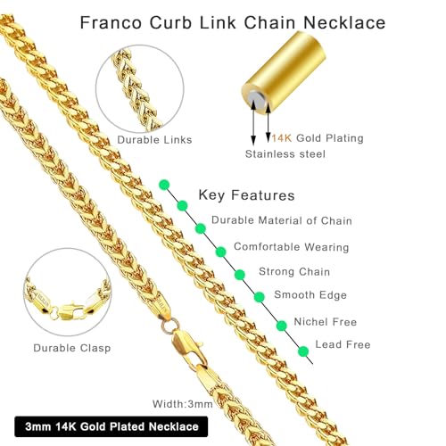 SILILUN Men Necklace 14 Gold Plated/Stainless Steel Fran-co Link Chian Punk Hip Hop Jewelry Gift (18 Inches, 3mm Wide 14K Gold)