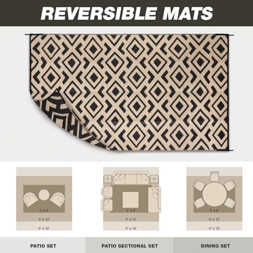 wikiwiki Outdoor Rug, 5x8ft Waterproof Reversible Mat Indoor Outdoor Rugs Carpet, Small Area Rug Plastic Straw Rug for Patio Deck Balcony Pool RV Camping Beach Picnic, Black & Beige