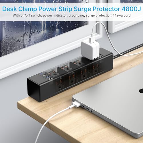 CCCEI Desk Outlet Station 20W USB C Port. 12 Outlet Desktop Clamp Power Strip Surge Protector 4800J with Switch. Nightstand Office Standing Desk Accessories, Fit Thicker Table Edge or Screw Mount, 6FT