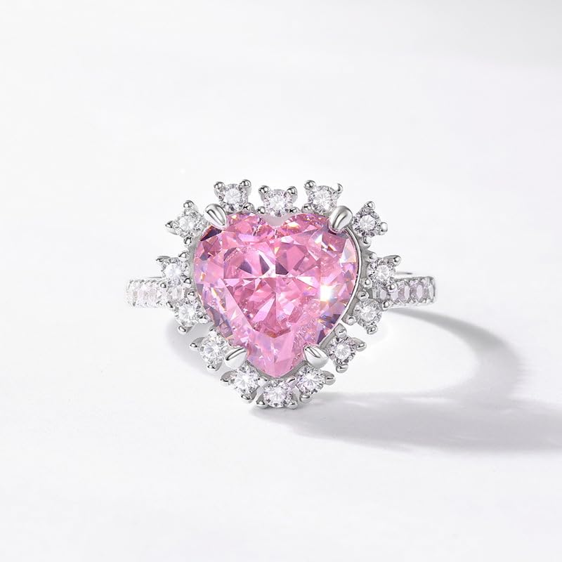 RUKYU 925 Sterling Silver Pink Ring - 9.22 CT Pink Heart Diamond Engagement Ring - Premium 18K White Gold Plated -Elegant Pink Rings for Women on Anniversary, Wedding(Size 6)